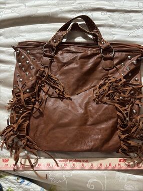 Fringed Studded Tote Bag in Brown